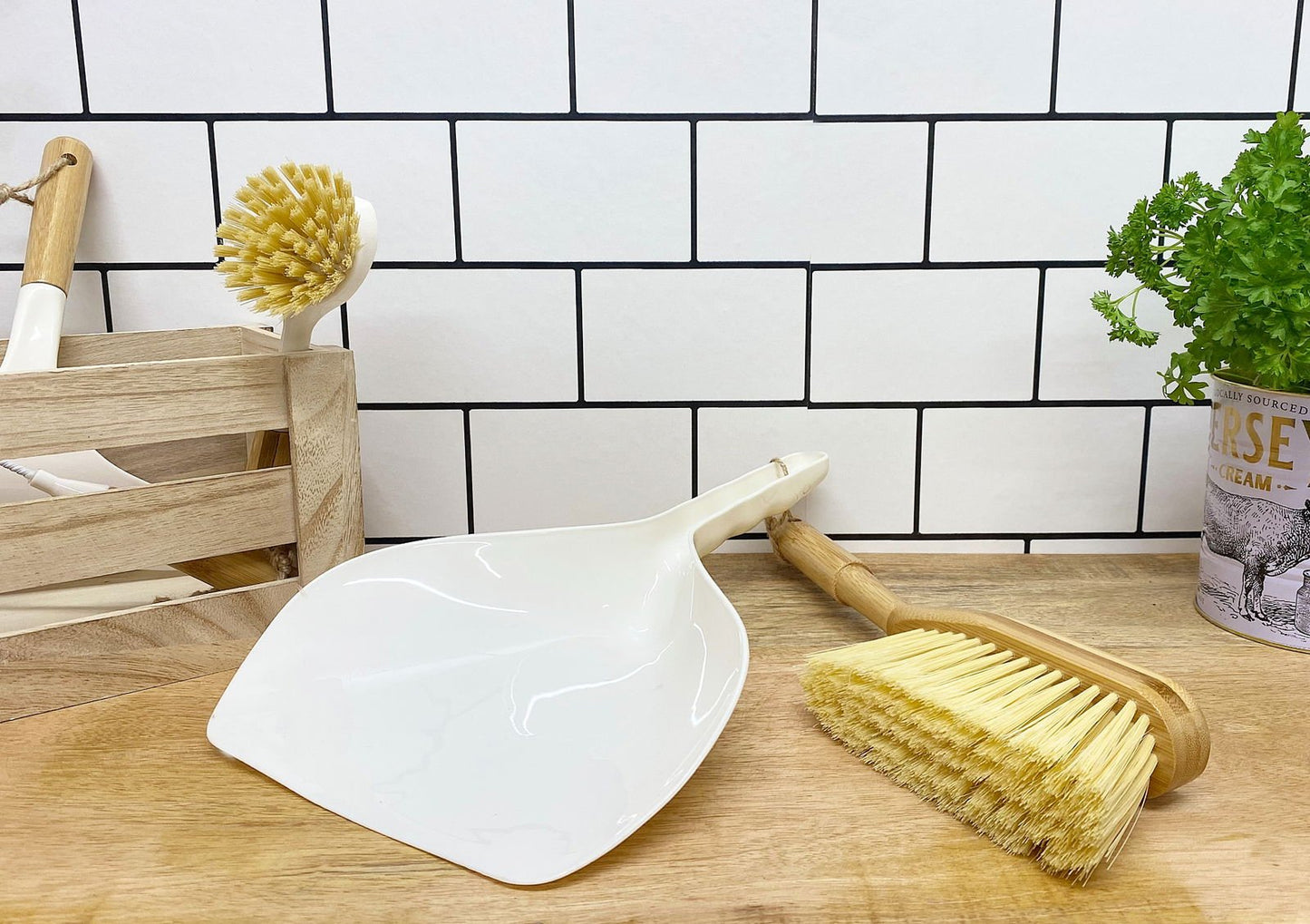 Cream Dustpan & Bamboo Wooden Brush - Daily Buy