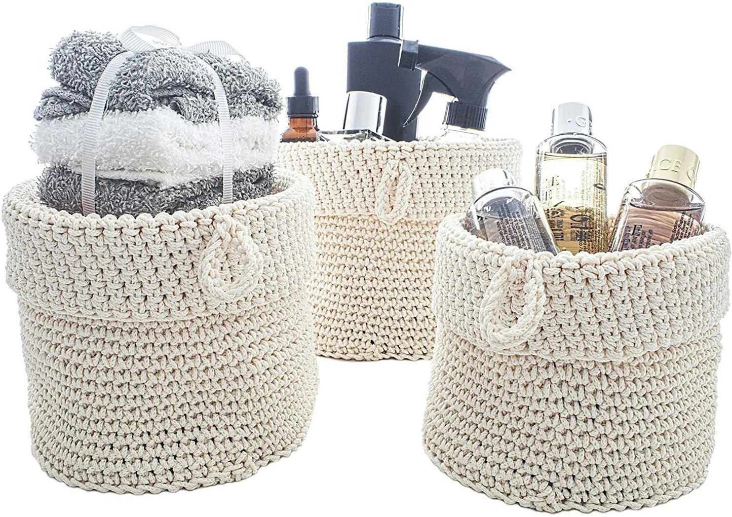 Crochet Storage Baskets, Set of 3, Beige, Round Storage Baskets, Hand Knitted - Daily Buy