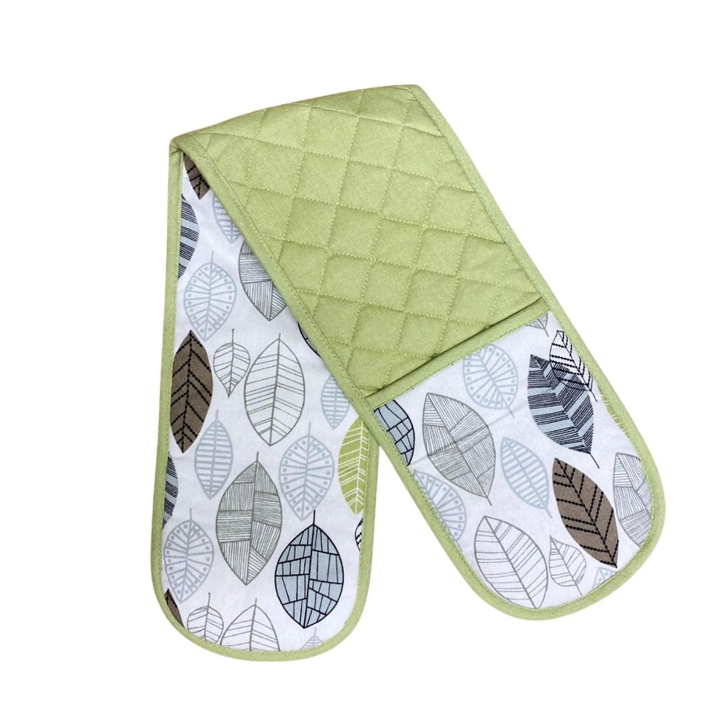 Kitchen Double Oven Glove With Contemporary Green Leaf Print Design - Daily Buy