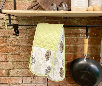 Kitchen Double Oven Glove With Contemporary Green Leaf Print Design - Daily Buy