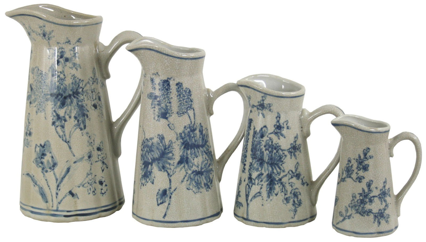 Set of 4 Ceramic Jugs, Vintage Blue & White Magnolia Design - Daily Buy