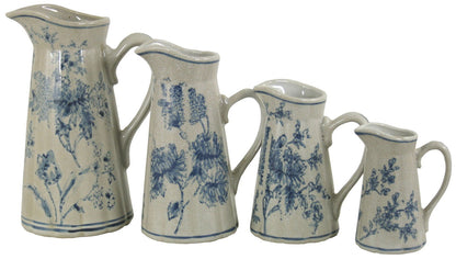 Set of 4 Ceramic Jugs, Vintage Blue & White Magnolia Design - Daily Buy