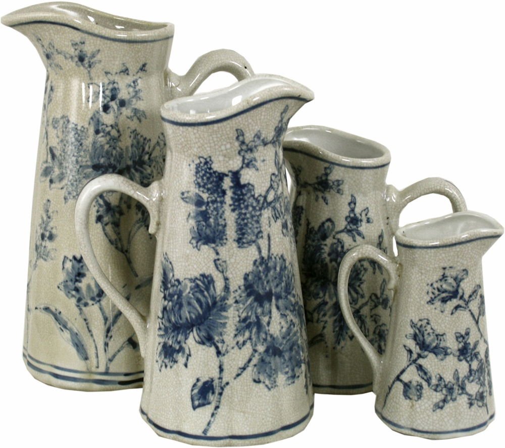 Set of 4 Ceramic Jugs, Vintage Blue & White Magnolia Design - Daily Buy