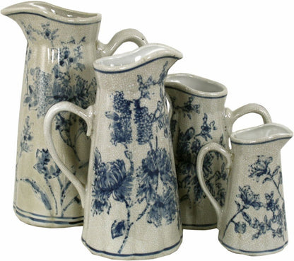 Set of 4 Ceramic Jugs, Vintage Blue & White Magnolia Design - Daily Buy