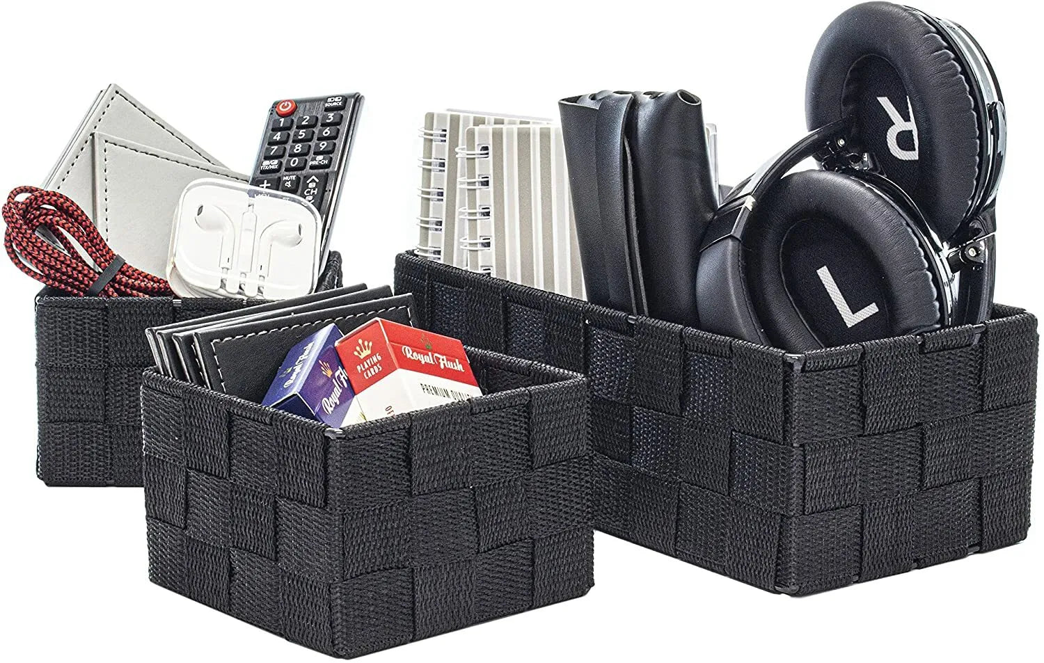 Storage Baskets, 3 Set, Woven, Black, Woven Storage Baskets, Assorted Sizes - Daily Buy