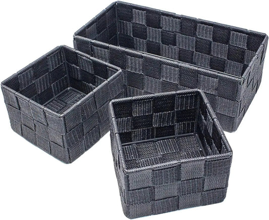 Storage Baskets, 3 Set, Woven, Grey, Woven Storage Baskets, Assorted Sizes - Daily Buy