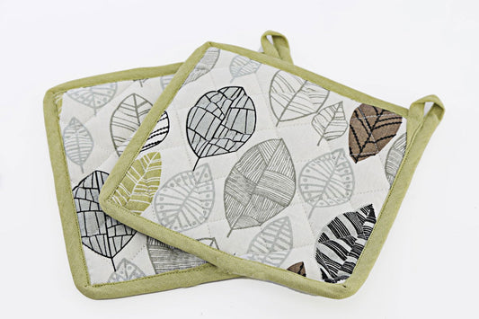 Two Fabric Pot or Pan Mats With Contemporary Green Leaf Print Design - Daily Buy